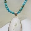 Sterling Silver Large Solar Quartz Pendant on Turquoise Bead Necklace / Chain