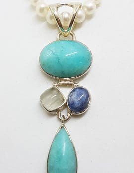 Sterling Silver Long Amazonite, Moonstone and Kyanite Pendant on Pearl Necklace / Chain