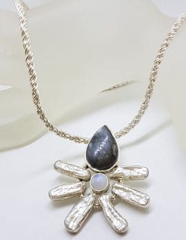 Sterling Silver Labradorite, Moonstone and Blister Pearl Pendant on Thick Silver Chain