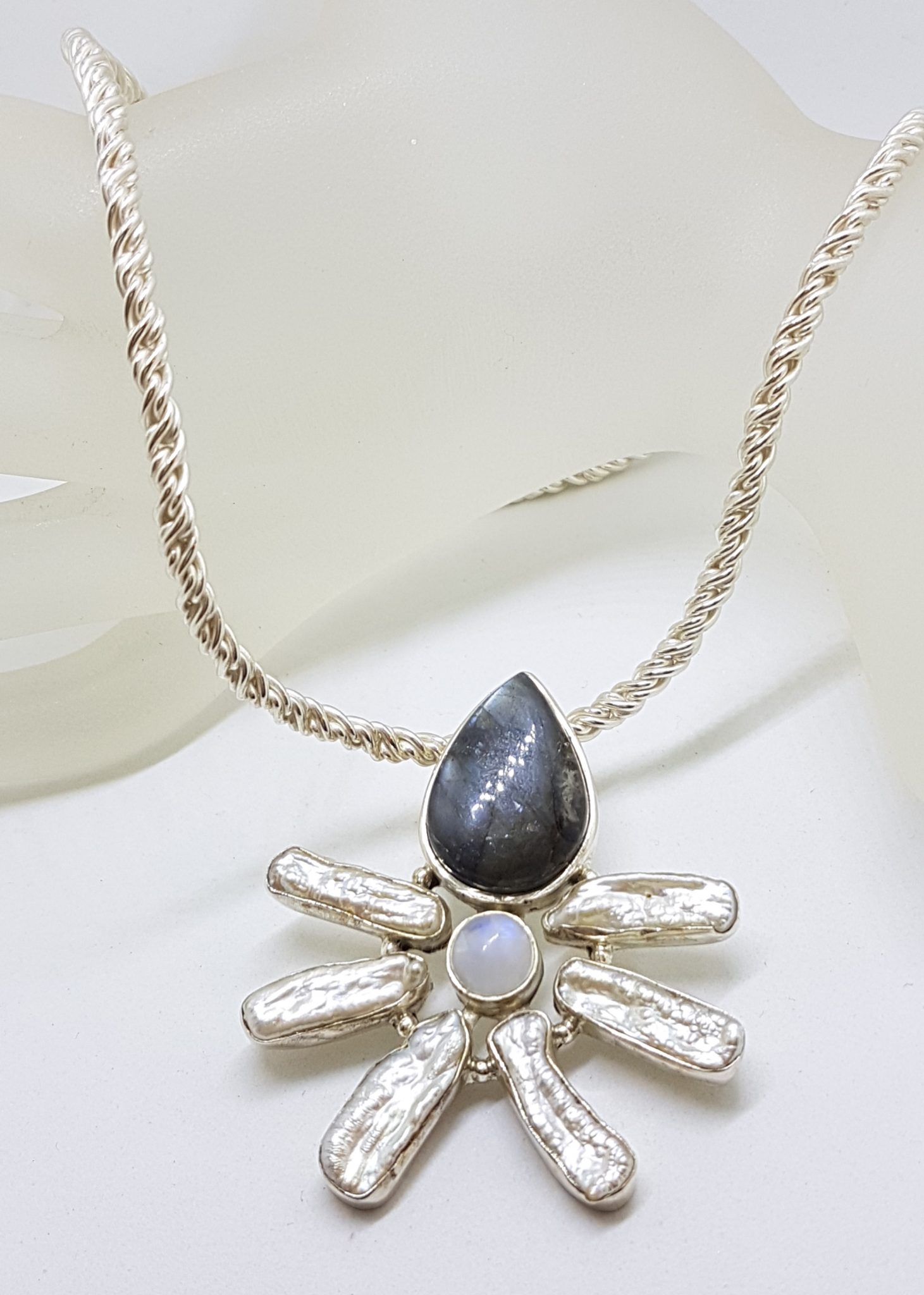 Sterling Silver Labradorite, Moonstone and Blister Pearl Pendant on Thick Silver Chain