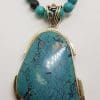 Sterling Silver Large Turquoise Pendant on Azurite Bead Necklace / Chain
