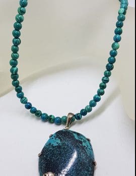 Sterling Silver Large Turquoise Pendant with Skull on Azurite Bead Necklace / Chain