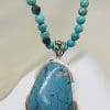 Sterling Silver Large Turquoise Pendant on Azurite Bead Necklace / Chain