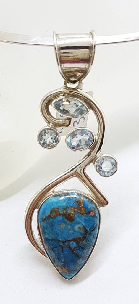 Sterling Silver Large Blue Copper Turquoise with Topaz Ornate Curved Pendant on Silver Choker Chain / Necklace