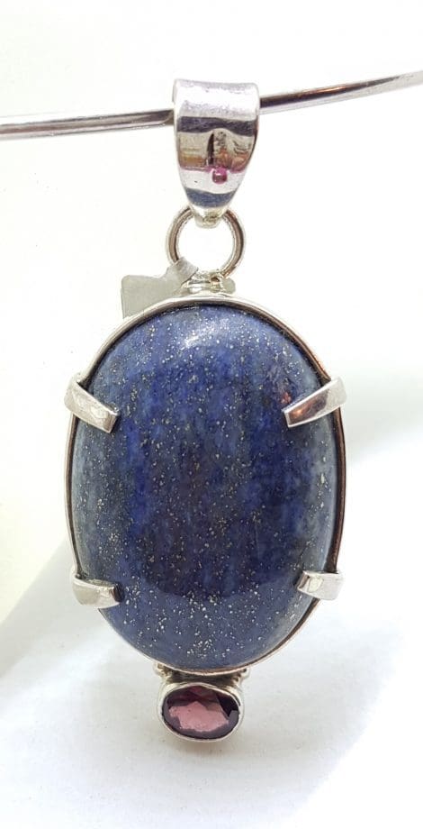 Sterling Silver Large Oval Lapis Lazuli and Garnet Pendant Pendant on Silver Choker Chain / Necklace