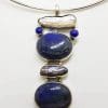 Sterling Silver Long and Large Lapis Lazuli & Blister Pearl Pendant Pendant on Silver Choker Chain / Necklace