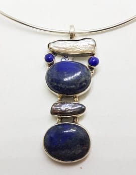 Sterling Silver Long and Large Lapis Lazuli & Blister Pearl Pendant Pendant on Silver Choker Chain / Necklace