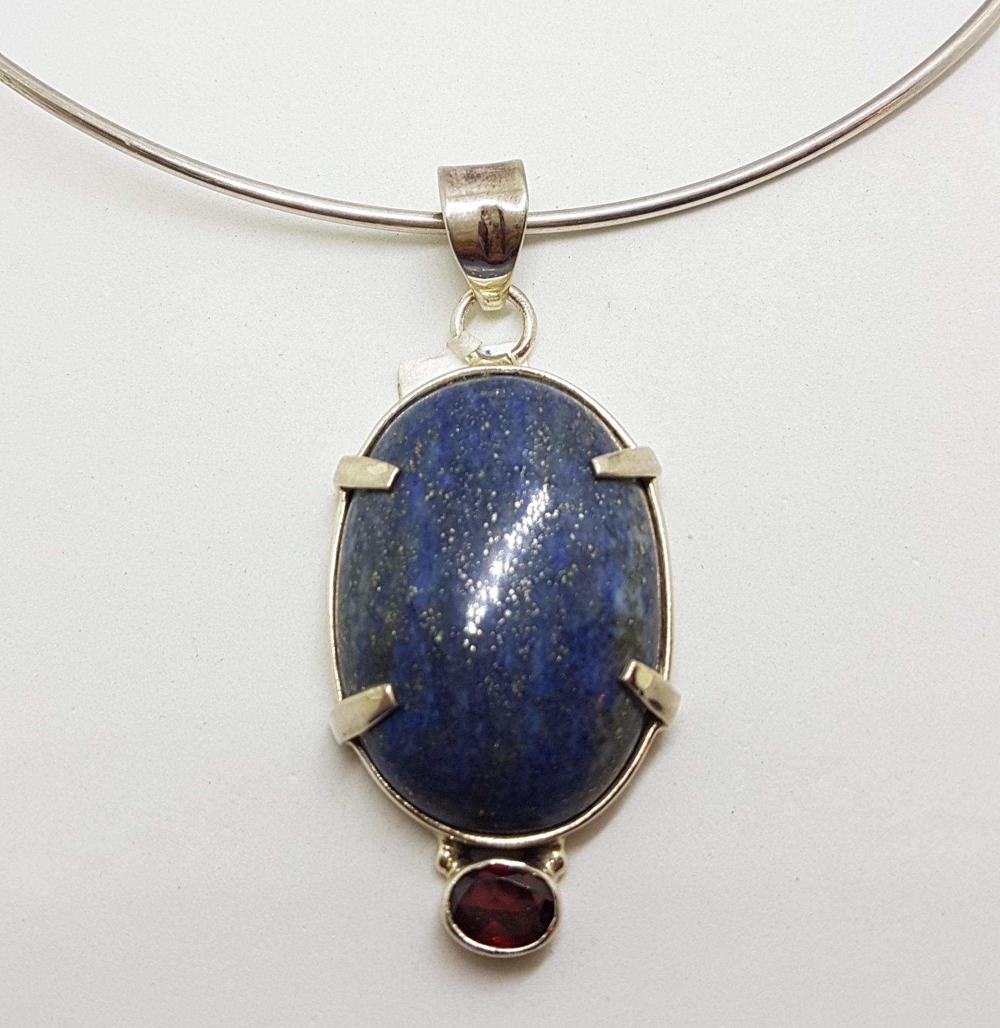 20200827_122431 Sterling Silver Large Oval Lapis Lazuli and Garnet Pendant Pendant on Silver Choker Chain / Necklace