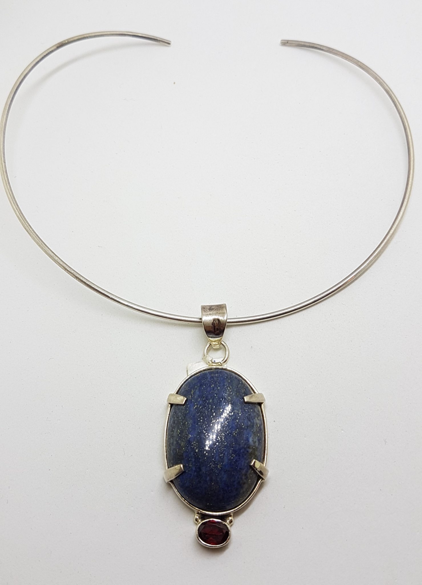 20200827_122444 Sterling Silver Large Oval Lapis Lazuli and Garnet Pendant Pendant on Silver Choker Chain / Necklace