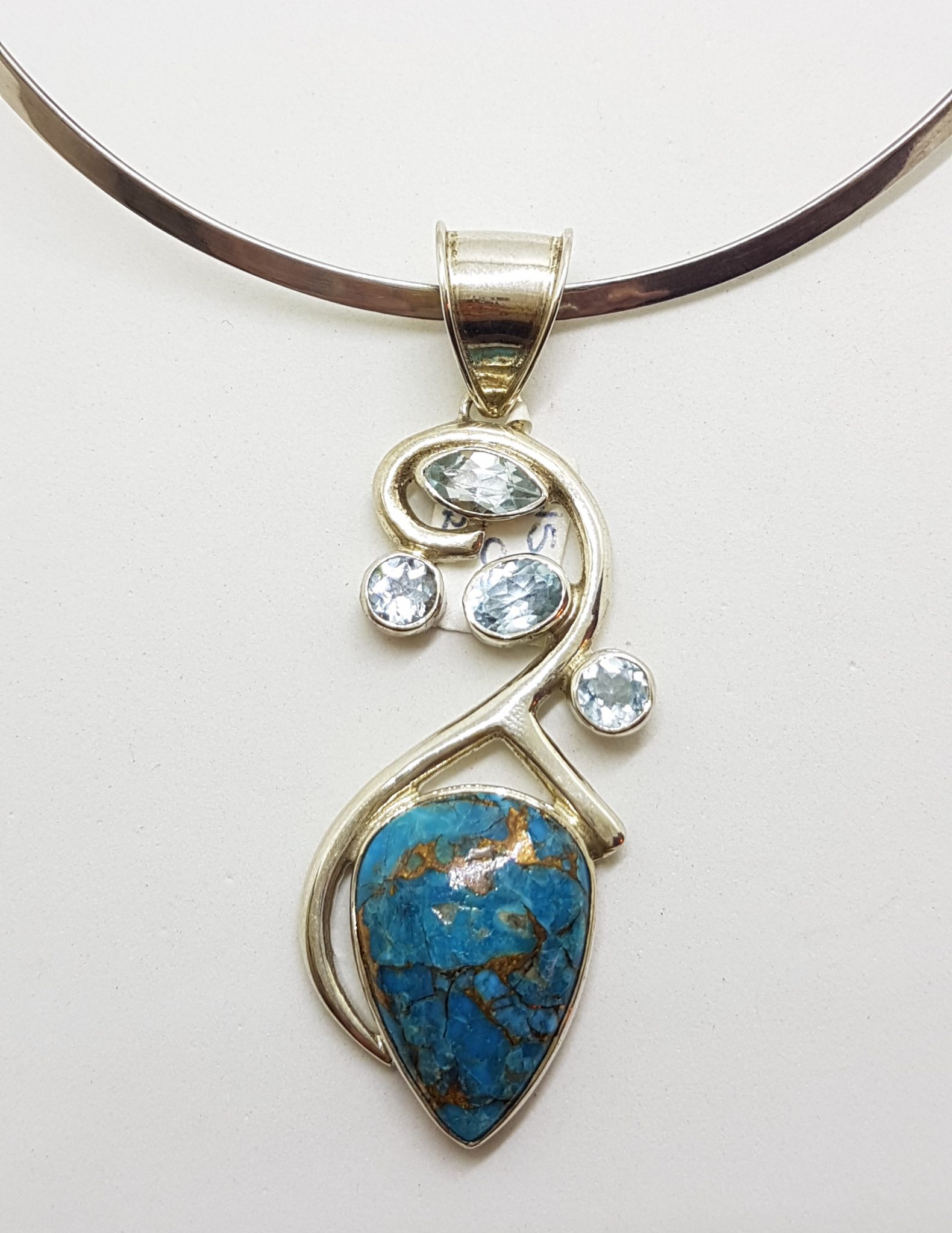 20200827_122559 Sterling Silver Large Blue Copper Turquoise with Topaz Ornate Curved Pendant on Silver Choker Chain / Necklace