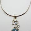 Sterling Silver Large Blue Copper Turquoise with Topaz Ornate Curved Pendant on Silver Choker Chain / Necklace