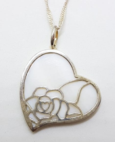 Sterling Silver White Heart with Rose Motif Pendant on Silver Chain