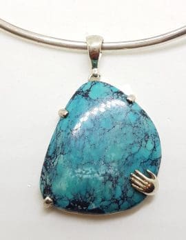 Sterling Silver Large Turquoise with Hand Pendant on Silver Choker Chain / Necklace