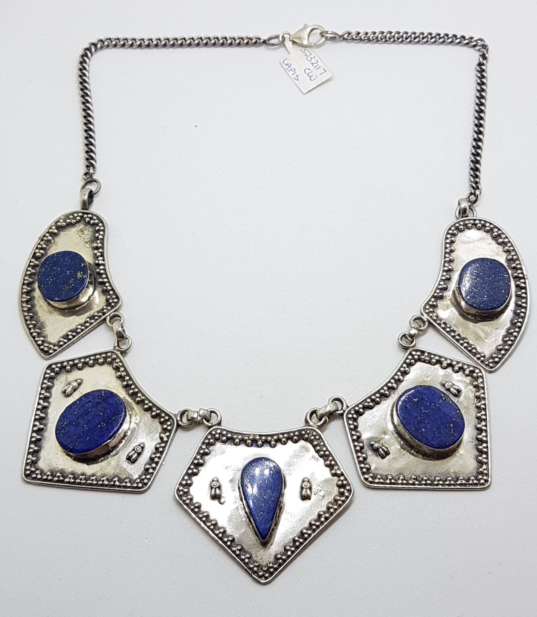 Sterling Silver Large Ornate Lapis Lazuli Collier Choker Chain / Necklace
