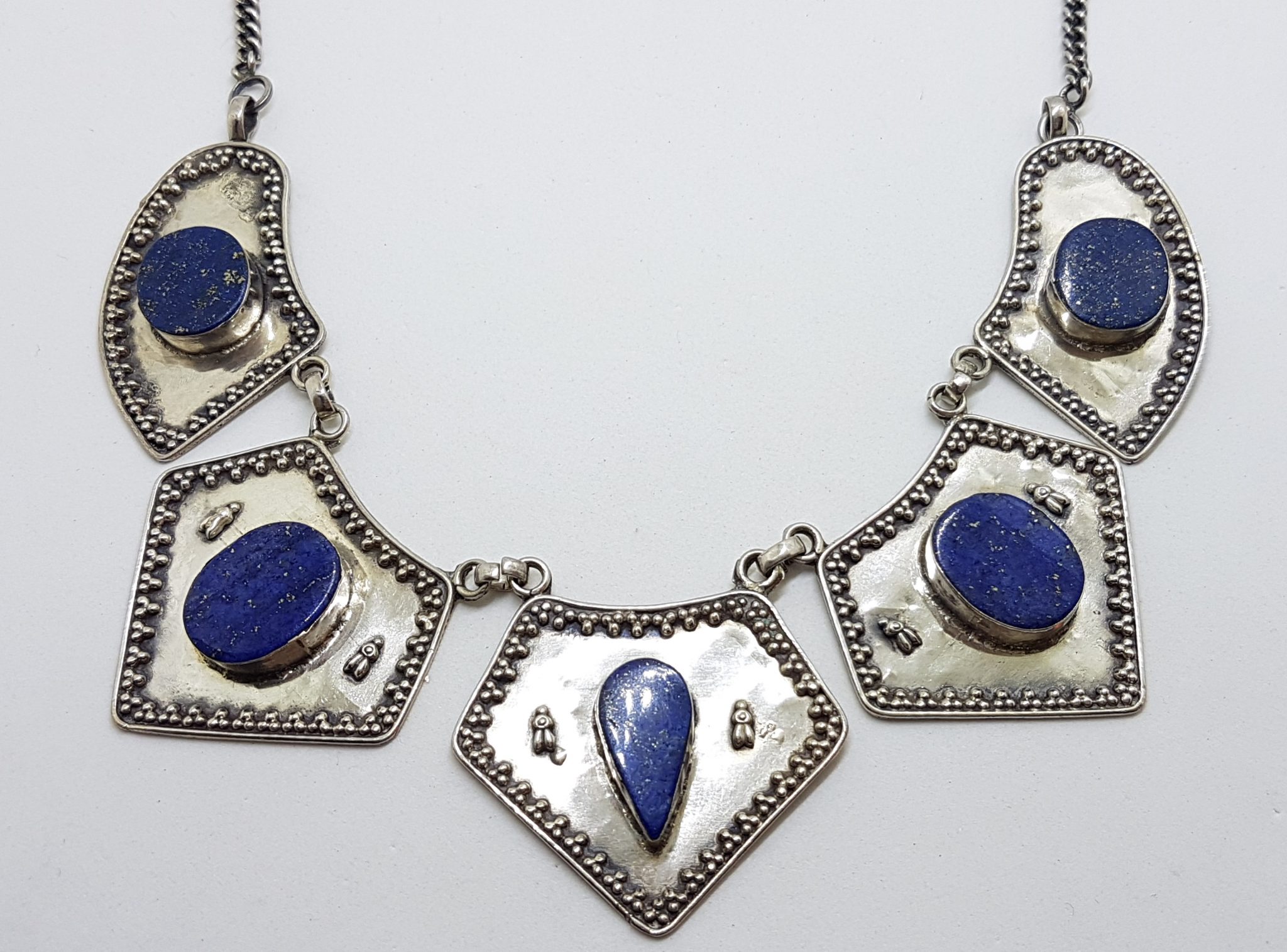 Sterling Silver Large Ornate Lapis Lazuli Collier Choker Chain / Necklace