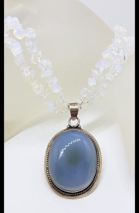 Sterling Silver Large Oval Chalcedony Pendant on Moonstone Bead Chain / Necklace