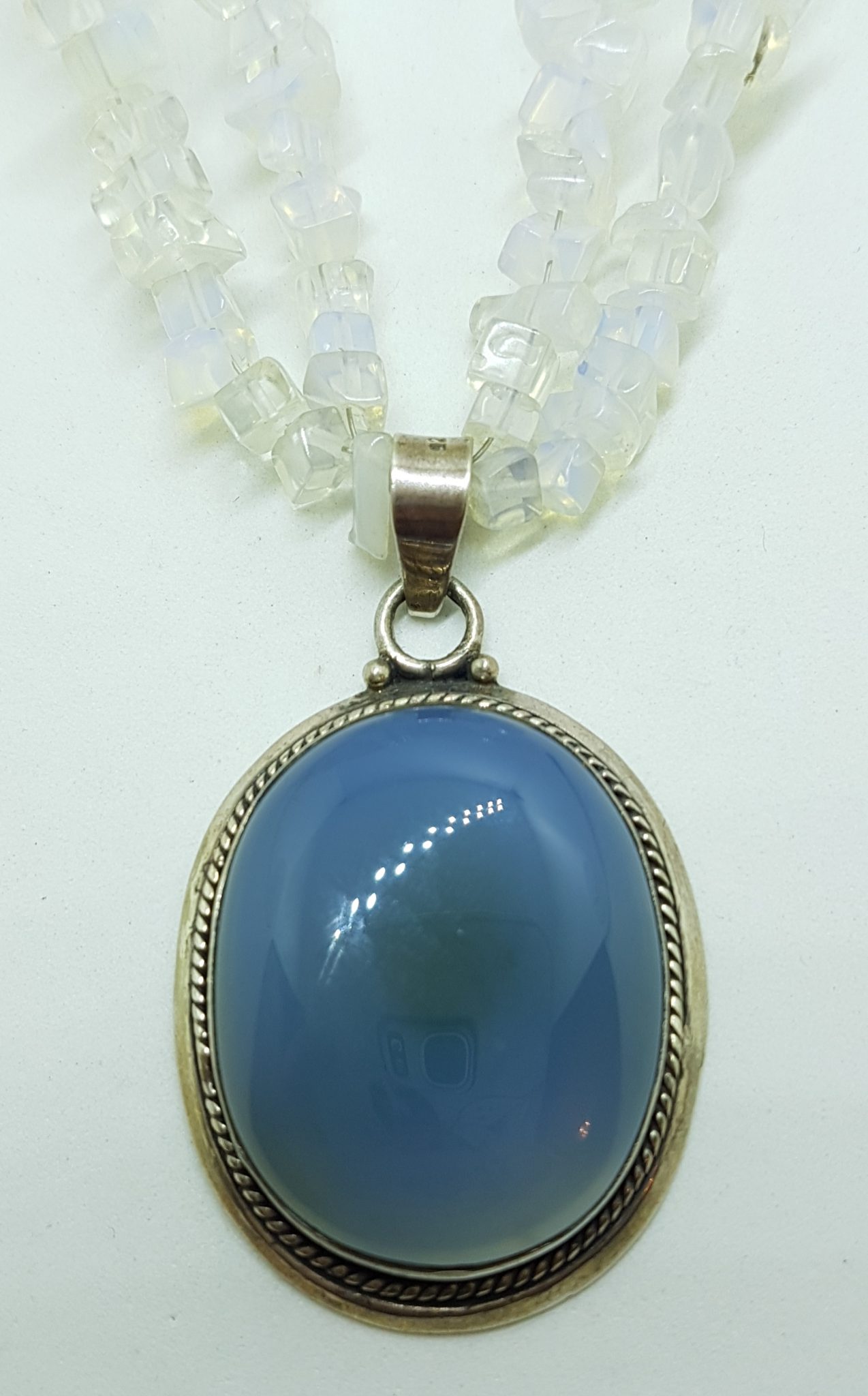 Sterling Silver Large Oval Chalcedony Pendant on Moonstone Bead Chain / Necklace