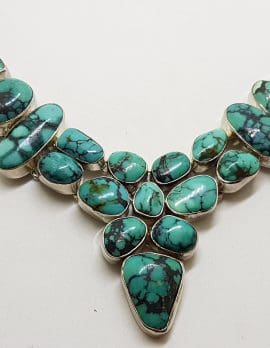 Sterling Silver Large Turquoise Cluster Collier Chain / Necklace
