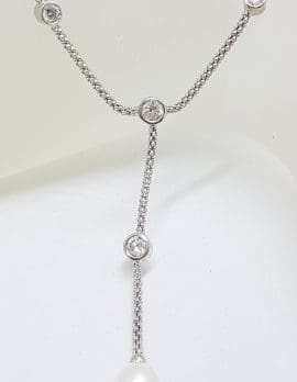 Sterling Silver Pearl and Cubic Zirconia Drop Chain / Necklace