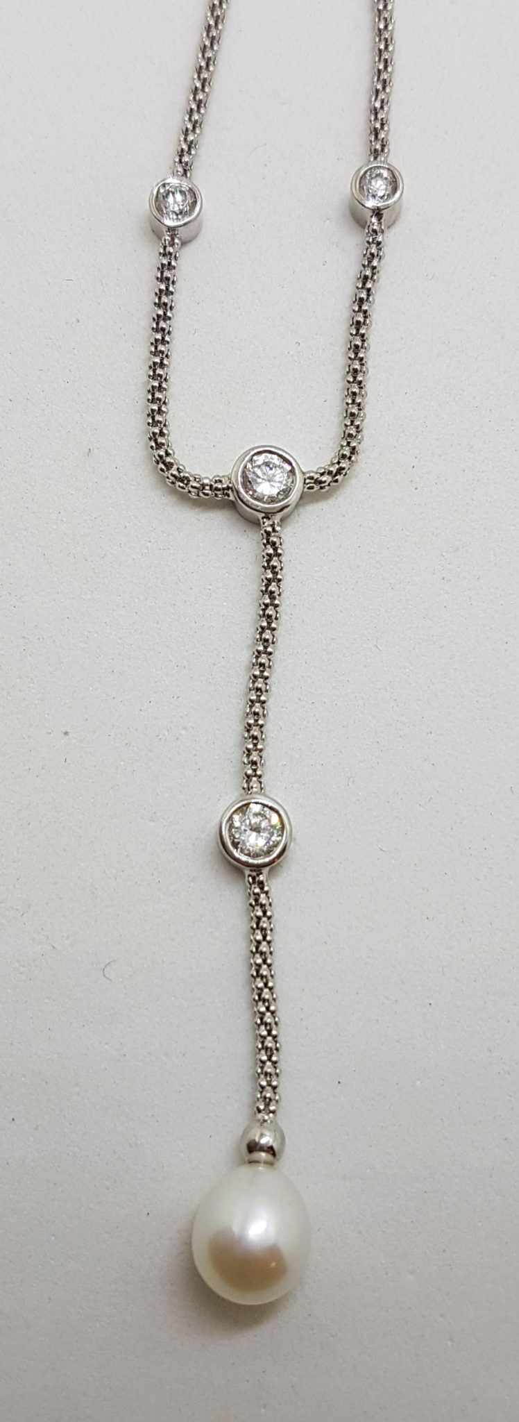 Sterling Silver Pearl and Cubic Zirconia Drop Chain / Necklace