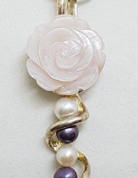 Sterling Silver Carved Mother of Pearl Rose and Pearl Twist Pendant on Silver Chain