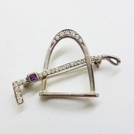 Sterling Silver Horse / Equestrian Stirrup & Riding Crop Whip Brooch with Cubic Zirconia
