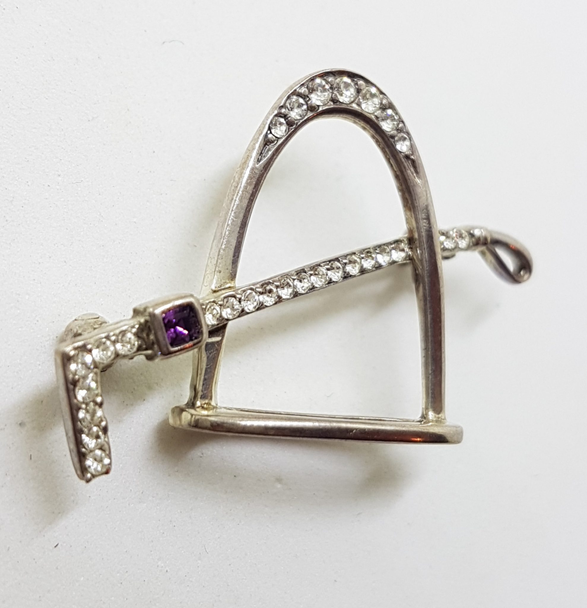 Sterling Silver Horse / Equestrian Stirrup & Riding Crop Whip Brooch with Cubic Zirconia