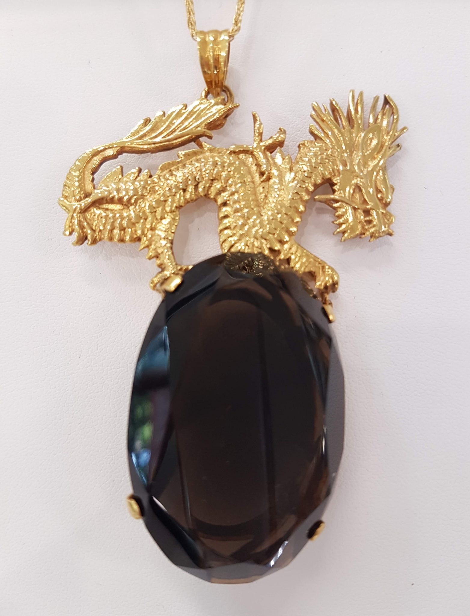 IMG_0100 14ct Yellow Gold Large Oval Smokey Quartz Stone on Dragon Pendant with 9ct Gold Chain