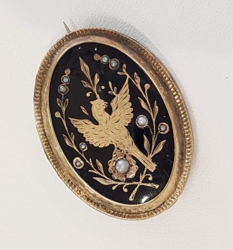 Gold Lined Oval Mourning Locket with Bird Motif Brooch