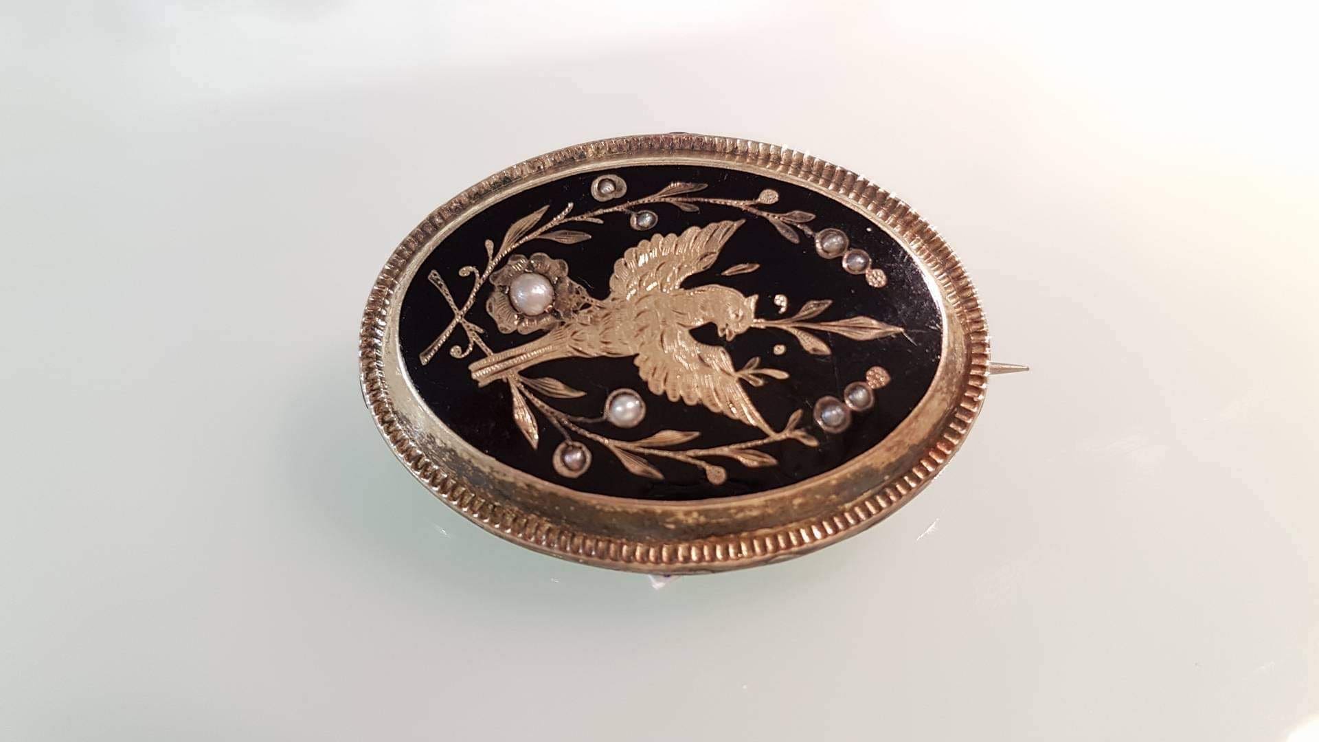 IMG_0102 Gold Lined Oval Mourning Locket with Bird Motif Brooch