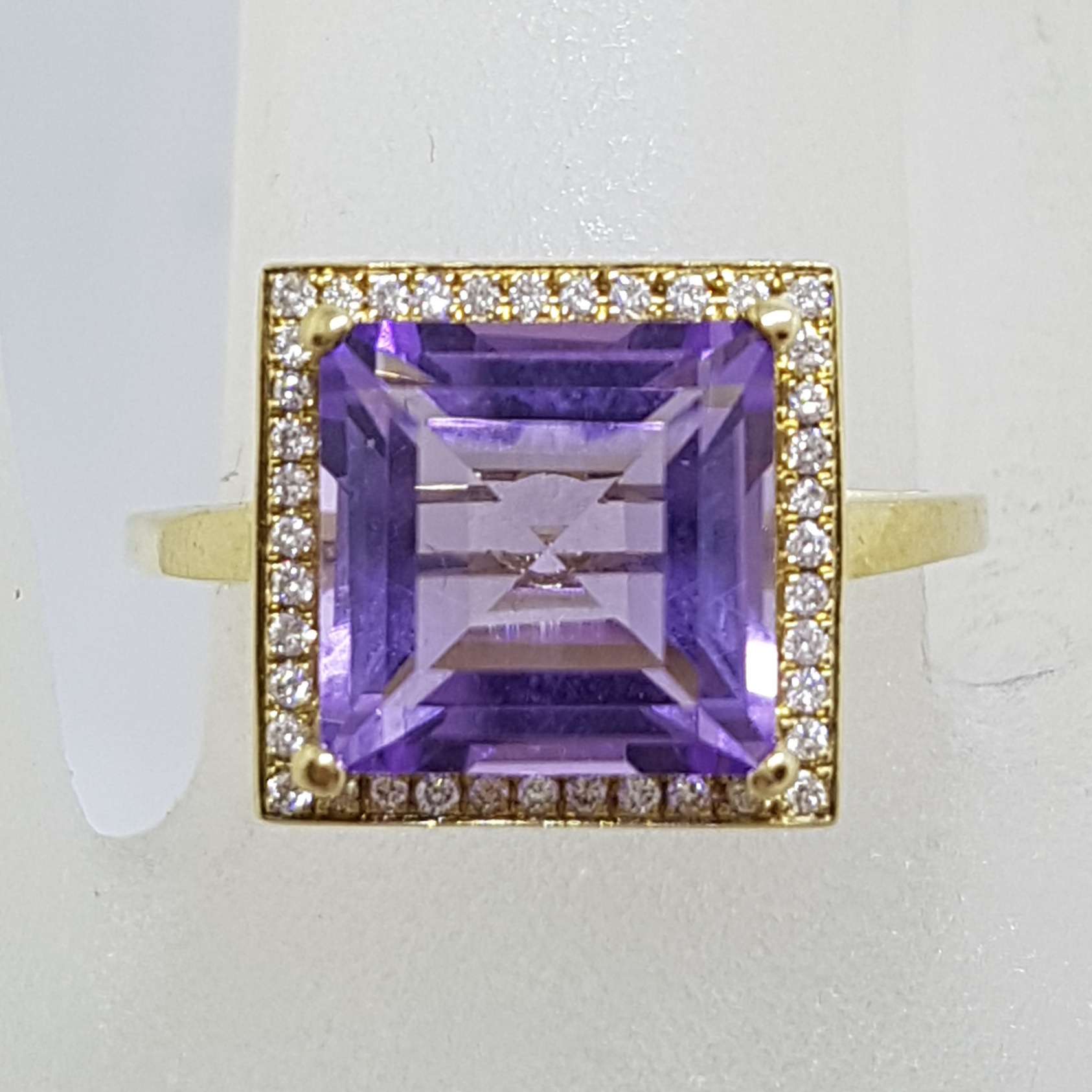 9ct Yellow Gold Large Square Amethyst and Diamond Cluster Ring