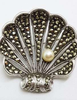 Sterling Silver Vintage Marcasite and Pearl Large Shell Brooch