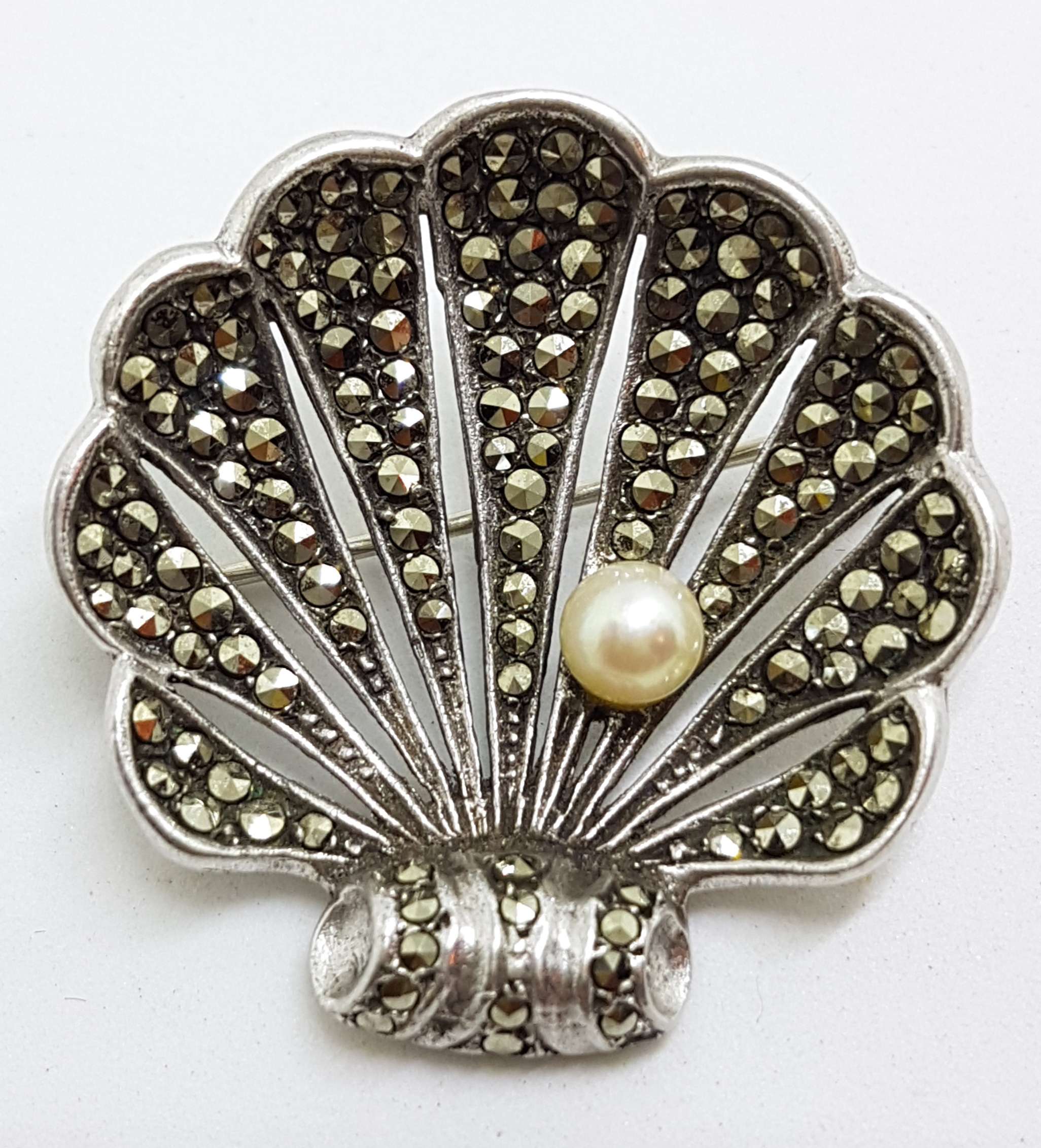 Sterling Silver Vintage Marcasite and Pearl Large Shell Brooch