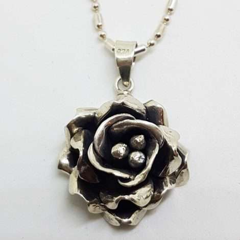 Sterling Silver Vintage Rose Flower Pendant on Silver Chain