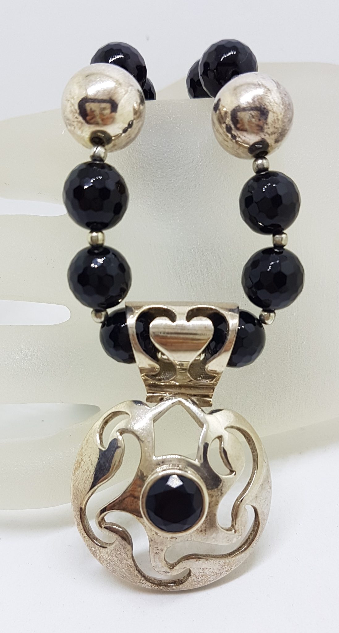 Sterling Silver Round Open Design Onyx Pendant on Thick Onyx Bead Necklace / Chain