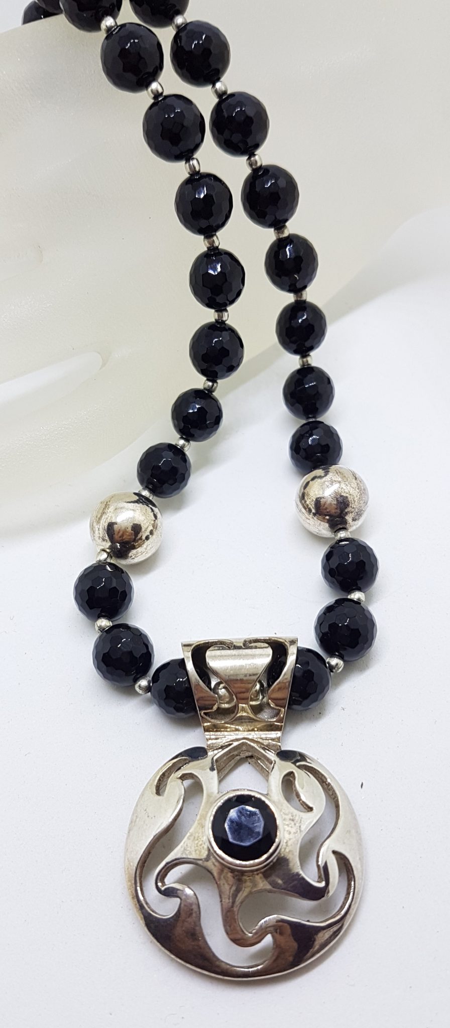 Sterling Silver Round Open Design Onyx Pendant on Thick Onyx Bead Necklace / Chain