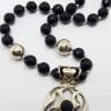 Sterling Silver Round Open Design Onyx Pendant on Thick Onyx Bead Necklace / Chain