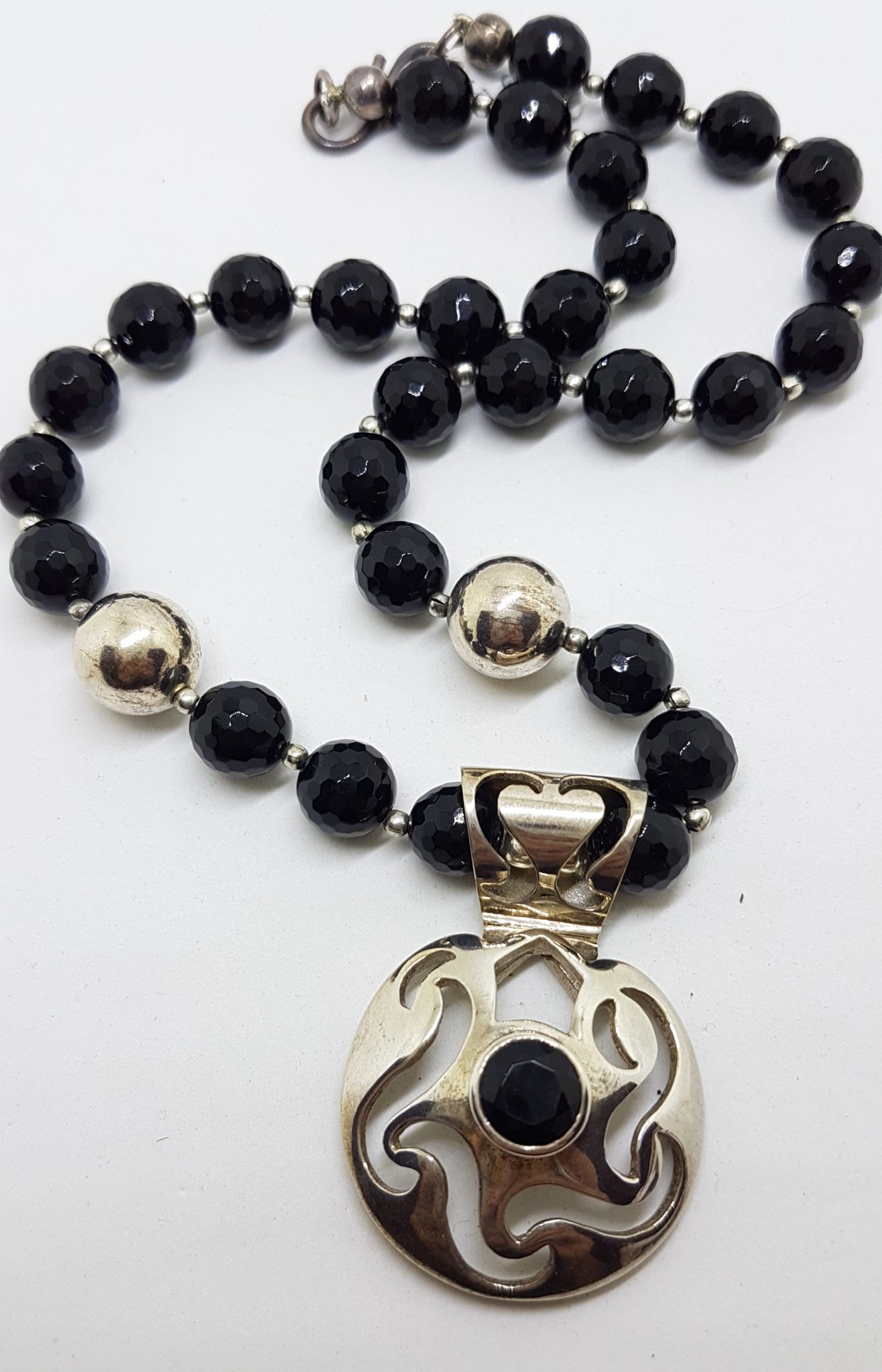Sterling Silver Round Open Design Onyx Pendant on Thick Onyx Bead Necklace / Chain