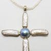 Sterling Silver Large Blue Grey Mabe Pearl with White Blister Pearl Cross / Crucifix Pendant on Pearl Necklace / Chain