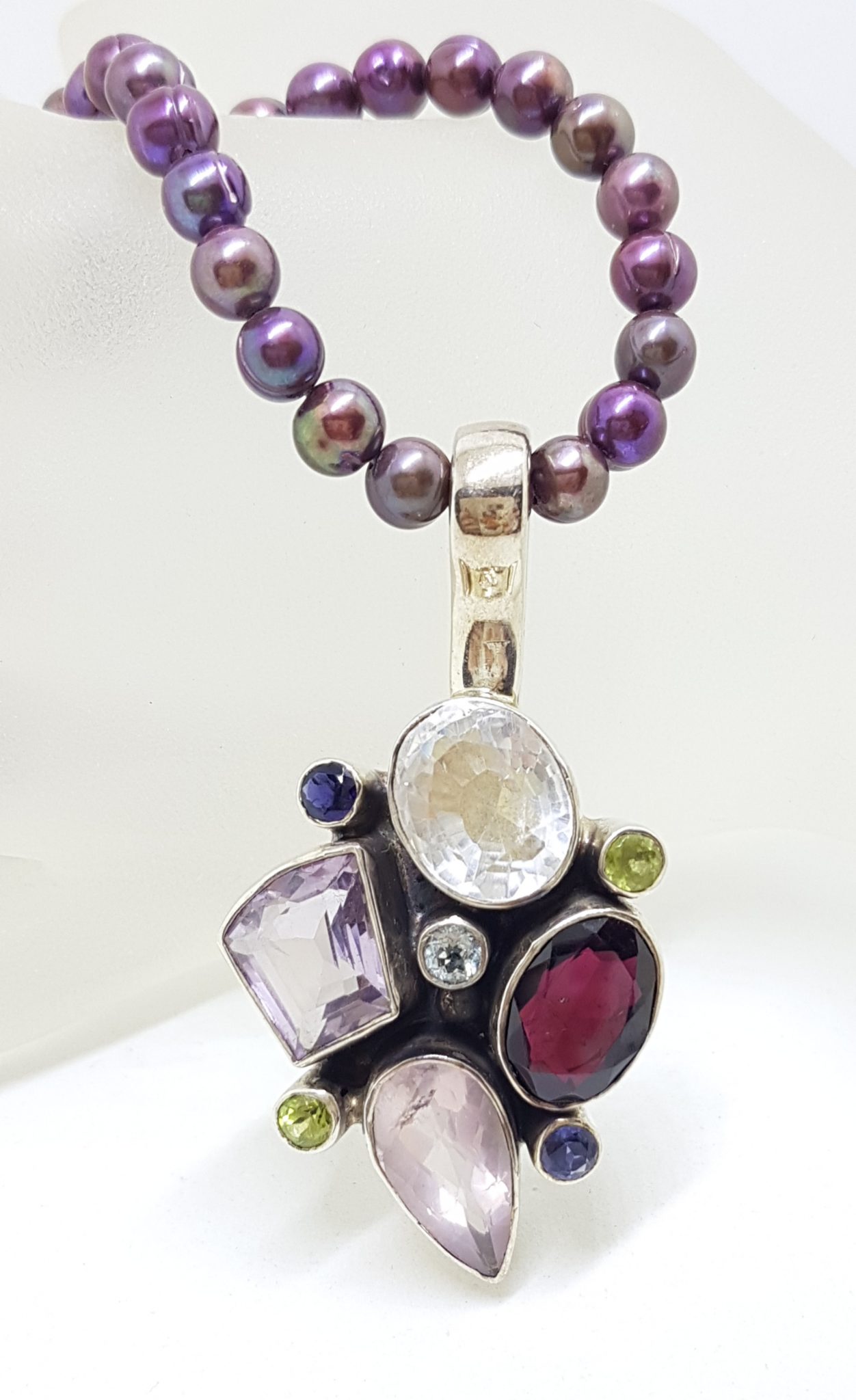 20200802_104233 Sterling Silver Large Multi-Colour Gemstone Pendant on Pearl Necklace - Amethyst, Garnet, Clear Crystal Quartz, Peridot, Rose Quartz, Topaz and Iolite