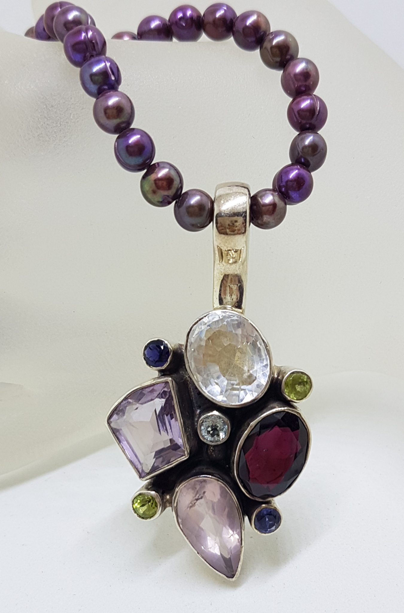 20200802_104245 Sterling Silver Large Multi-Colour Gemstone Pendant on Pearl Necklace - Amethyst, Garnet, Clear Crystal Quartz, Peridot, Rose Quartz, Topaz and Iolite
