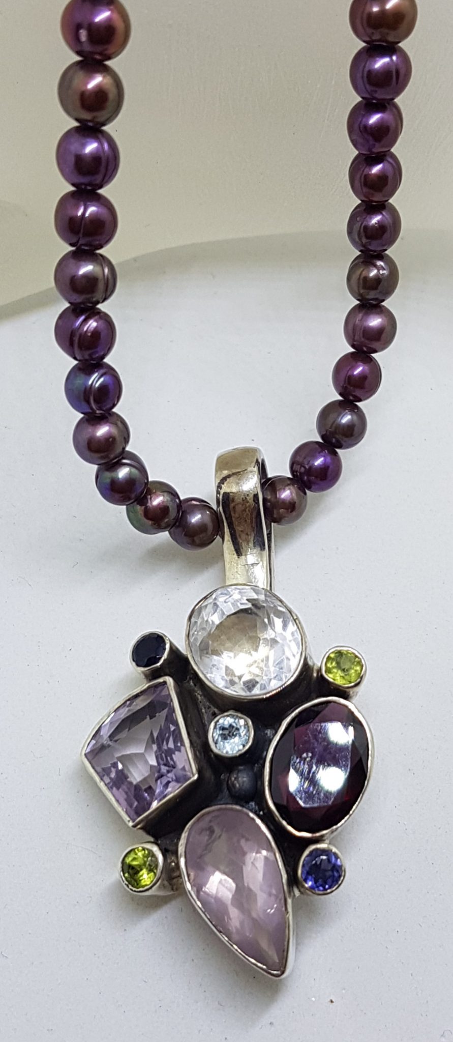20200802_104305 Sterling Silver Large Multi-Colour Gemstone Pendant on Pearl Necklace - Amethyst, Garnet, Clear Crystal Quartz, Peridot, Rose Quartz, Topaz and Iolite