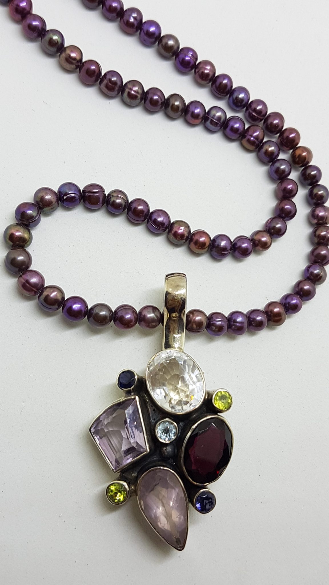 20200802_104318 Sterling Silver Large Multi-Colour Gemstone Pendant on Pearl Necklace - Amethyst, Garnet, Clear Crystal Quartz, Peridot, Rose Quartz, Topaz and Iolite