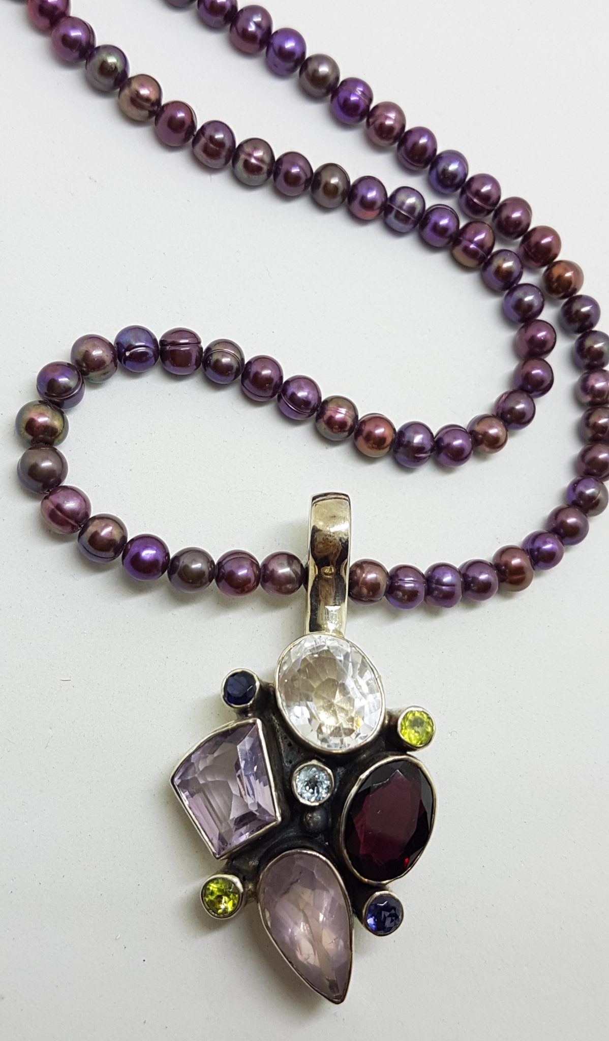 20200802_104330 Sterling Silver Large Multi-Colour Gemstone Pendant on Pearl Necklace - Amethyst, Garnet, Clear Crystal Quartz, Peridot, Rose Quartz, Topaz and Iolite