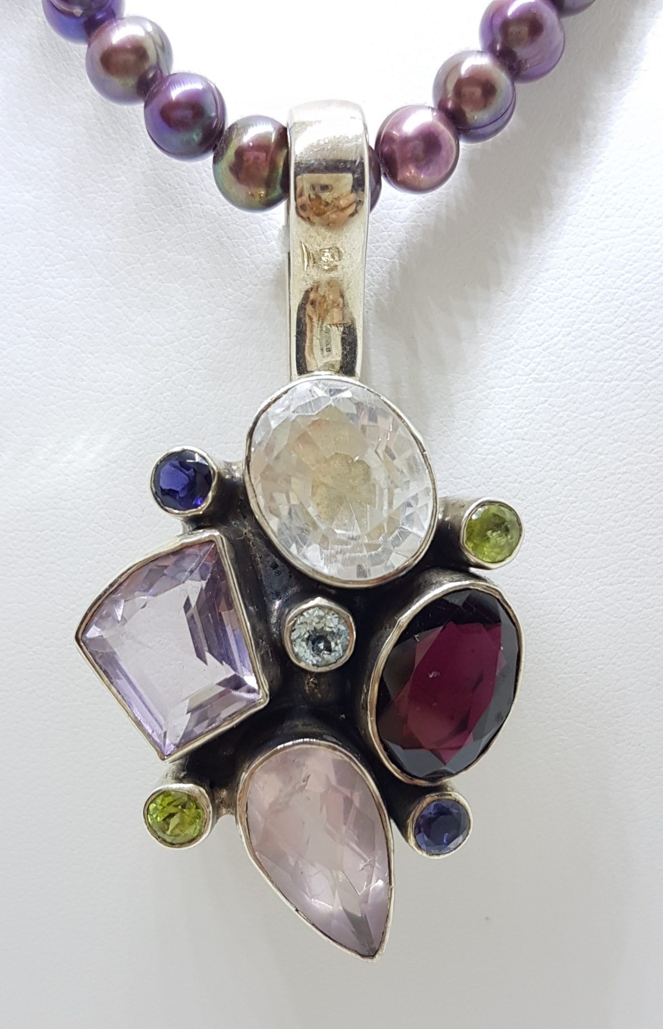 20200802_104342 Sterling Silver Large Multi-Colour Gemstone Pendant on Pearl Necklace - Amethyst, Garnet, Clear Crystal Quartz, Peridot, Rose Quartz, Topaz and Iolite