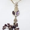 Sterling Silver Long Garnet and Amethyst Tassel Pendant on Choker Chain / Necklace