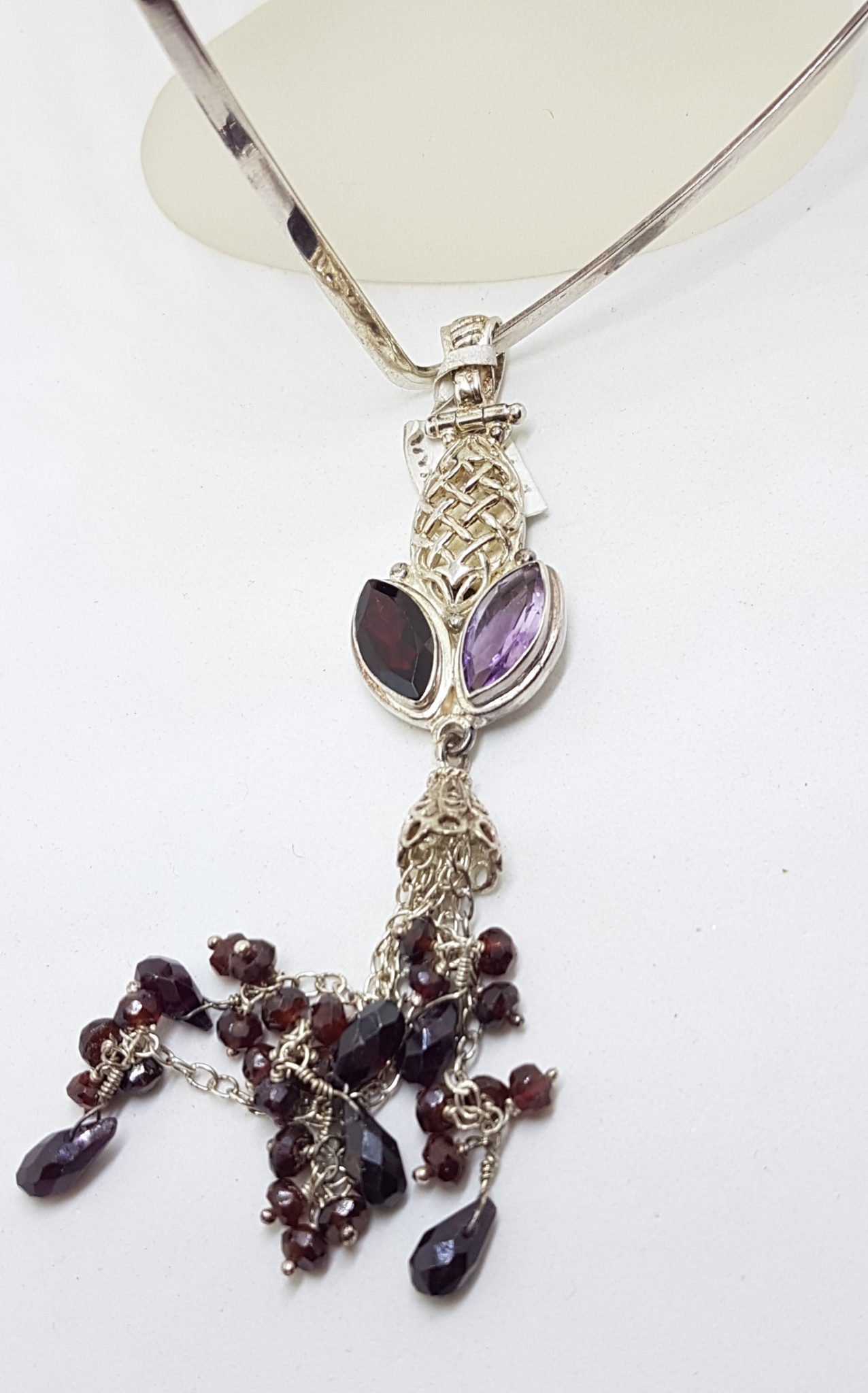 20200802_104426 Sterling Silver Long Garnet and Amethyst Tassel Pendant on Choker Chain / Necklace