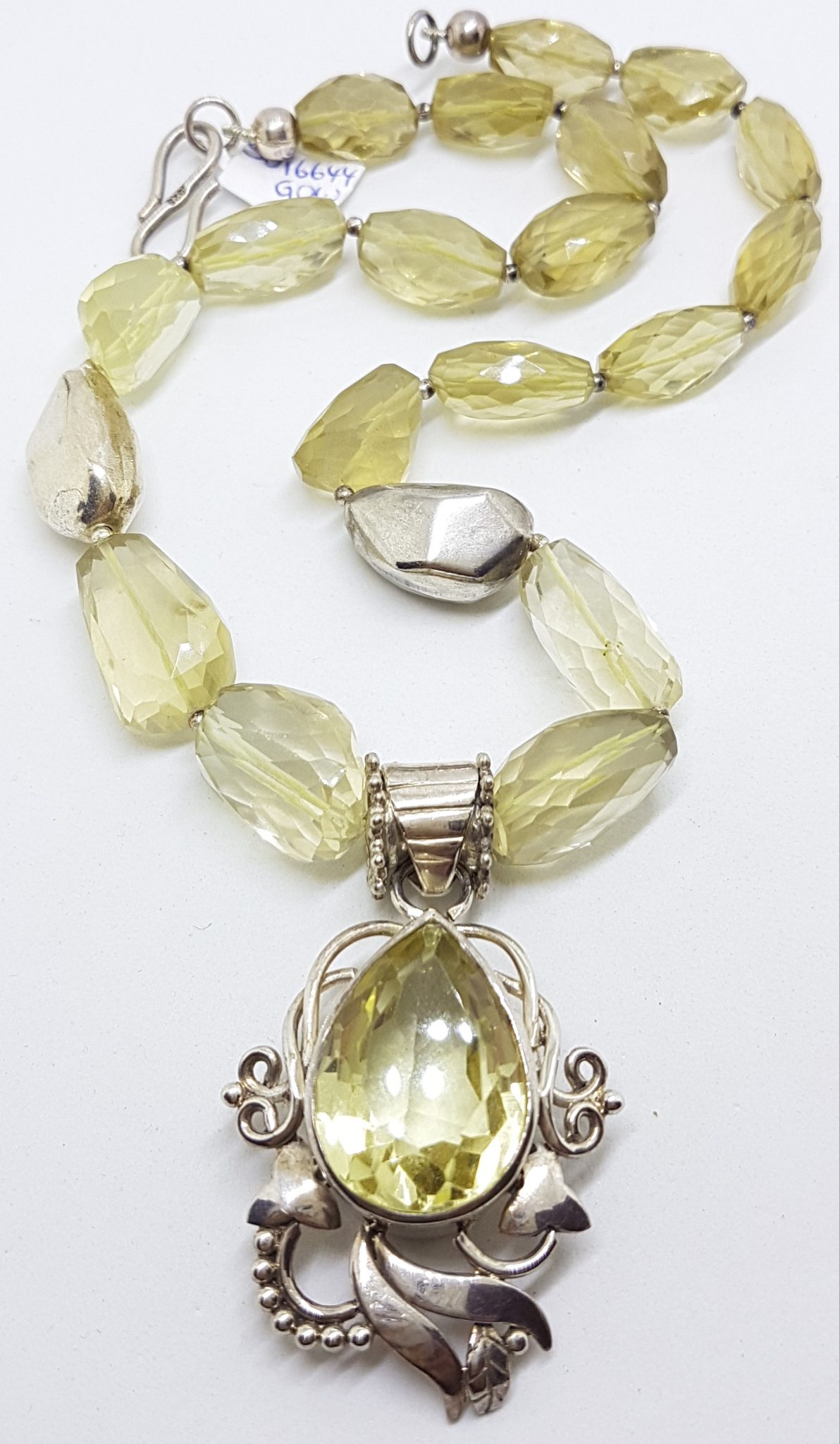 Sterling Silver Large Chunky and Ornate Citrine Pendant on Bead Chain Necklace