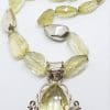 Sterling Silver Large Chunky and Ornate Citrine Pendant on Bead Chain Necklace