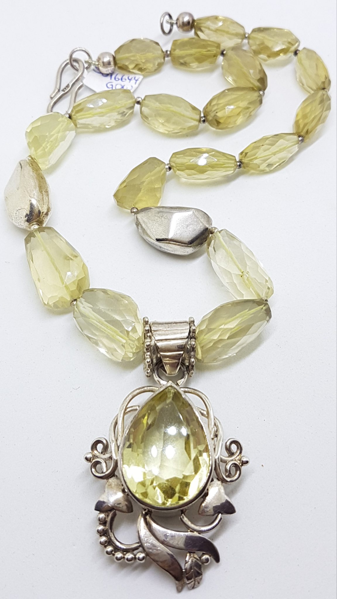 Sterling Silver Large Chunky and Ornate Citrine Pendant on Bead Chain Necklace